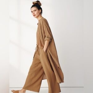 EILEEN FISHER NWT L XL Puckered Organic Linen Long Shirtdress in Chestnut Brown